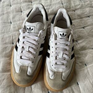 Adidas White and Black Athletic Shoes with Tan Sole